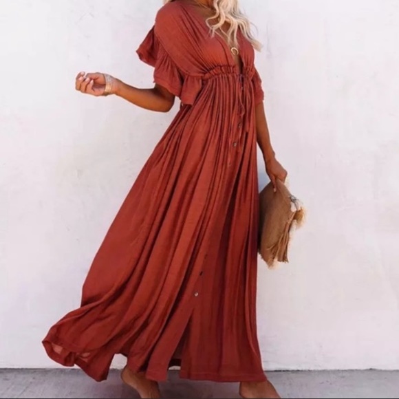 SOLD OUT Red Gauze Boho Button Maxi Coverup Dress - Picture 6 of 10